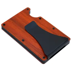 Close-up detail of RFID blocking minimalist wood wallet with a black metal money clip