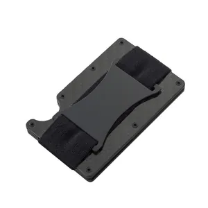 Close-up of slim carbon fiber RFID blocking wallet with black metal money clip