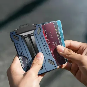 Detailed view of blue aluminum RFID blocking card holder showing 15 card capacity