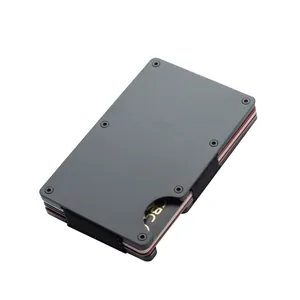 Detailed view of a minimalist metal RFID blocking credit card holder with elastic band
