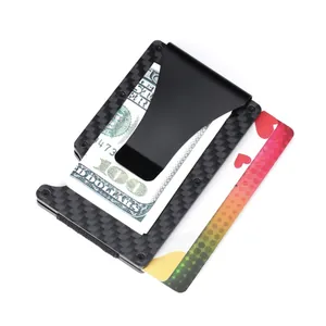Detailed macro view of carbon fiber RFID blocking wallet with integrated black money clip