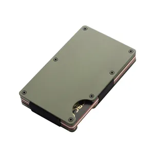 Detailed view of a matte olive green metal credit card holder with elastic strap