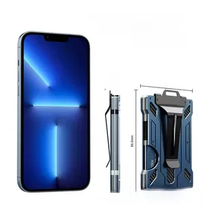 RFID blocking blue aluminum card holder with belt clip and slim metal wallet design