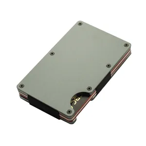 Close-up of a sleek grey metal RFID blocking card holder with black elastic band