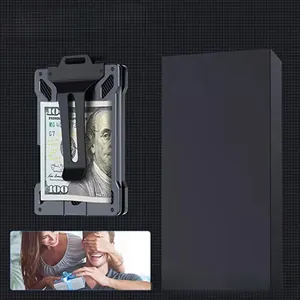 Close-up detail of the RFID blocking aluminum wallet holding cash with a money clip