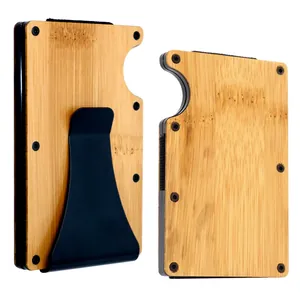 Detailed view of the bamboo texture and metal clip on an RFID blocking cardholder