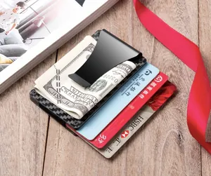 Detail view of carbon fiber RFID wallet with black metal money clip holding cards