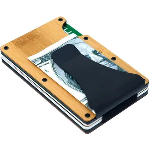 Premium RFID blocking bamboo and aluminum slim wallet with black money clip for cards