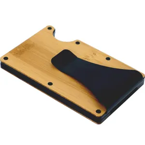 Close-up of a minimalist bamboo RFID blocking card holder with a sturdy metal clip