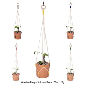 Handmade Bohemian macrame plant hanger set with wooden rings and cotton rope, 70cm