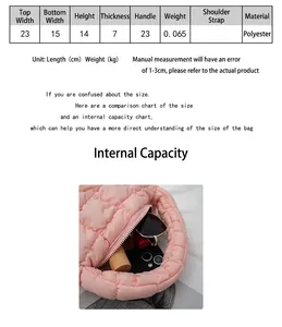 Guida alle taglie e dettaglio della capacità della mini borsa a mano rosa imbottita in poliestere