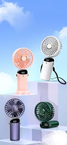 Four colors of portable mini handheld fans with digital battery display and folding stand