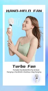 Asian female model using a white portable handheld fan with digital display.