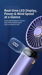Macro detail view of portable handheld mini fan showing smart LED battery display screen