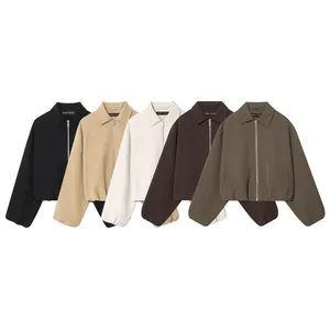 Women Fashion Zipper Puffy Jacket Solid Color Lapel Long Sleeve Loose Short Outwear Casual Style Fall Winter Lady Coat