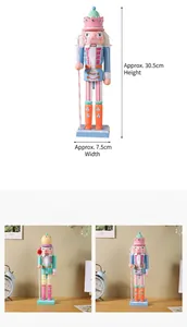 Handcrafted macaron colored wooden nutcracker ornaments showing size details and variants