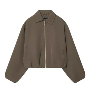 Trendy taupe zipper bomber jacket for women with puffy sleeves and classic collar
