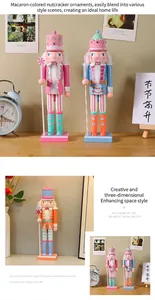 Detail of colorful macaron nutcracker wooden dolls as creative home decor ornaments