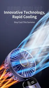 Detail of handheld fan with digital battery display showing rapid cooling effect