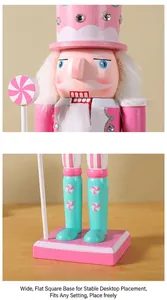 Close-up of hand-painted macaron nutcracker puppet showing detailed wooden texture.