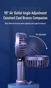 Detail of purple foldable handheld fan showing 90-degree adjustable cooling angle