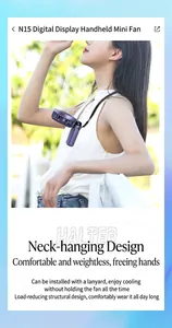 Outdoor lifestyle shot of a purple portable neck fan worn by a model for hands-free cooling.