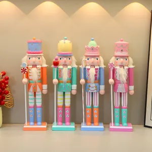 Four colorful macaron nutcracker puppets handcrafted wooden Christmas home decoration