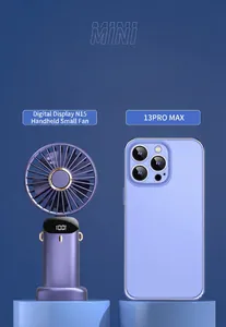 Compact handheld fan with digital display shown next to a smartphone for size comparison