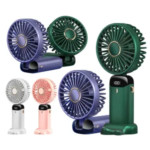 Portable USB rechargeable mini handheld fan with digital display and folding stand