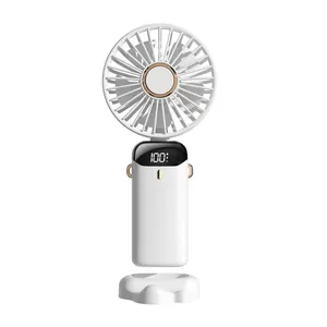 Portable handheld mini fan with a digital battery display, USB rechargeable, white