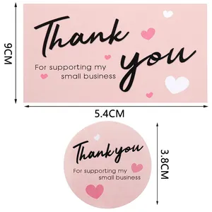 Pink Thank You business cards and round stickers for gift packaging with heart patterns