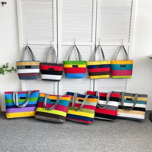 Borsa Tote in Tela da Donna Grande Capacità Righe Multicolore Borsa a Tracolla Casual per Spesa Viaggi Quotidiano