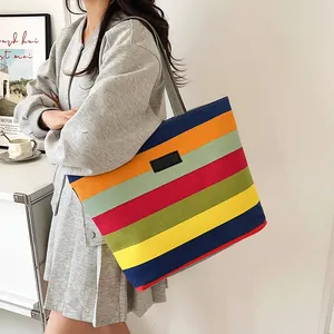 Borsa tote grande in tela da donna con vivaci strisce colorate arcobaleno resistenti
