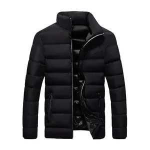 Front view detail of men's black quilted puffer jacket featuring a stand collar