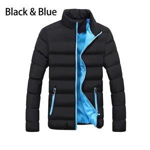 Men's winter thick padded jacket in black with cyan blue lining and zipper pockets