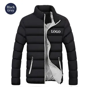 Detailed view of black men's thick winter puffer jacket featuring a stand-up collar