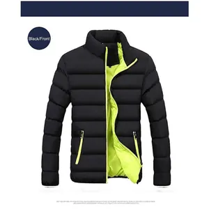 Detailed view of black men's puffer jacket with vibrant lime green lining