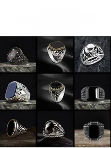 Collection of punk style vintage rings with engraved totems and black zircon stones