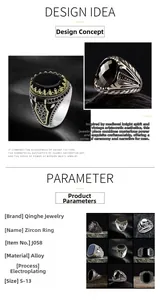 Detailed specifications for men's vintage punk rings featuring zircon and skull designs.