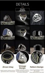 Detailed view of vintage punk rings with zircon inlay and embossed antique silver patterns