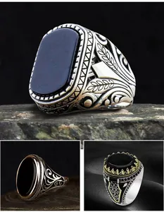 Detailed view of men's retro silver rings with intricate patterns and black stones.