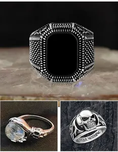 Detailed collage of vintage punk rings with skull and black onyx stone accents.