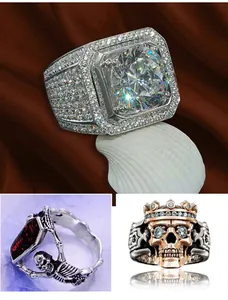 Detailed view of men's punk vintage zircon rings featuring skull and luxury crown motifs.