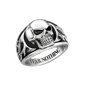 Punk style silver-tone skull ring for men with 'Fear Nothing' interior engraving