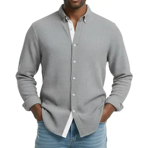 Camicia da uomo grigia in maglia a nido d'ape a maniche lunghe stile casual