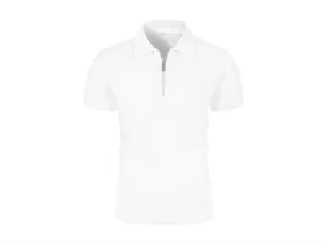 Vue détaillée du polo pour homme en soie glacée à mailles blanches avec demi-zip.