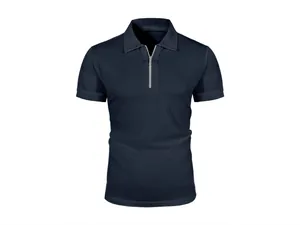 Vue détaillée professionnelle du polo en soie de glace bleu marine avec le zip