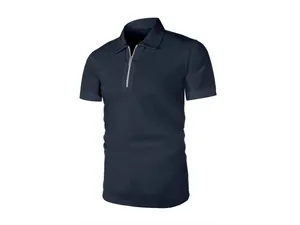 Vue détaillée d'un polo bleu marine texturé pour homme avec col demi-zippé en maille.