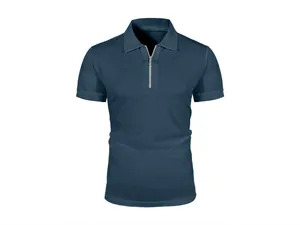 Détail du polo pour hommes en soie glacée à mailles bleu marine avec demi-fermeture