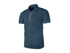 Détail du polo pour homme en maille de soie glacée bleu marine avec demi-fermeture